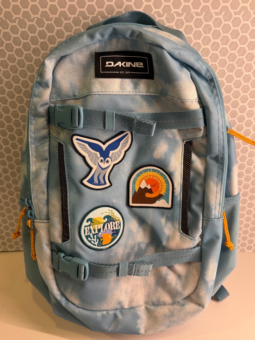 Dakine Light Blue Tie-Dye Backpack with Adventure Patches